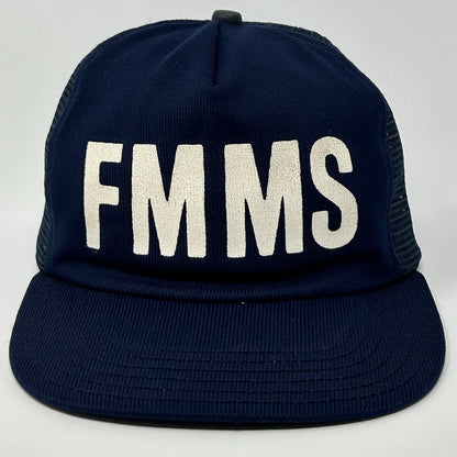 Vintage 90s FMMS Trucker Hat Baseball Cap Made In USA Mesh Snapback Navy Blue