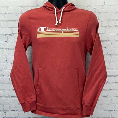 Champion Midweight Hoodie S Small Red Cotton Logo Stripe Pullover Sweatshirt