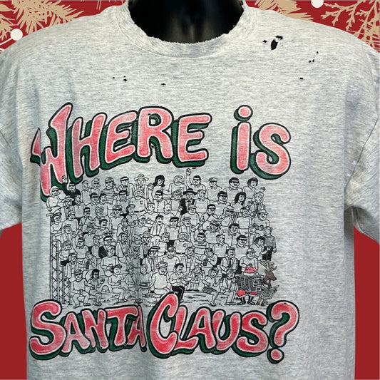 Vintage Distressed Where Is Santa Claus T Shirt Mens Large Christmas Waldo Gray