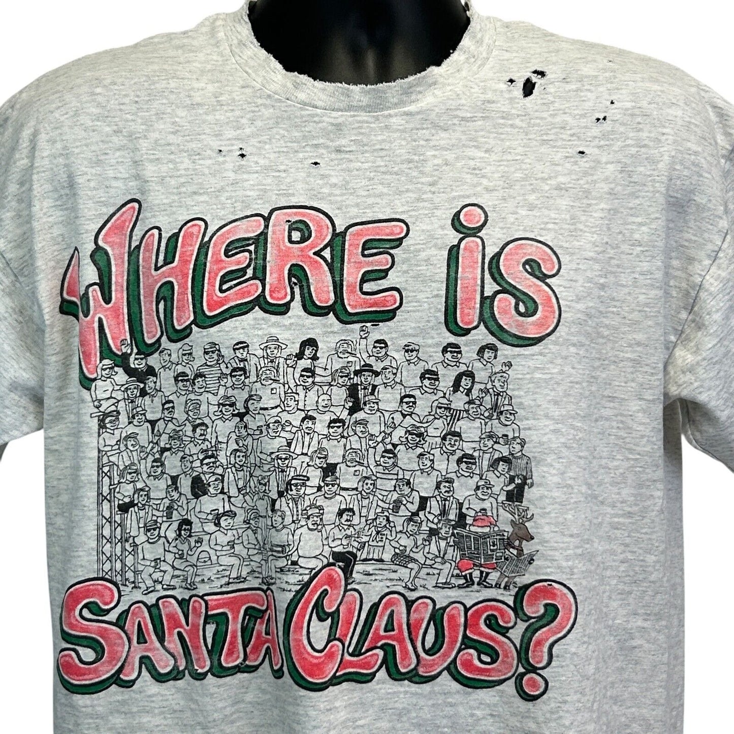 Vintage Distressed Where Is Santa Claus T Shirt Mens Large Christmas Waldo Gray