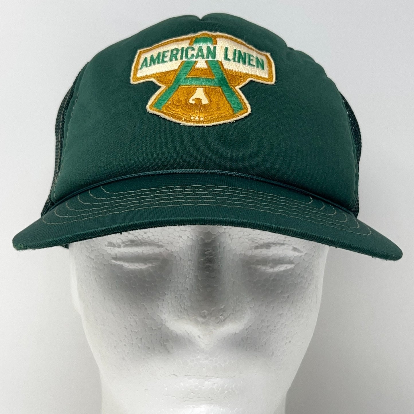 Vintage 80s American Linen Trucker Hat Baseball Cap 5 Panel Mesh Snapback Green