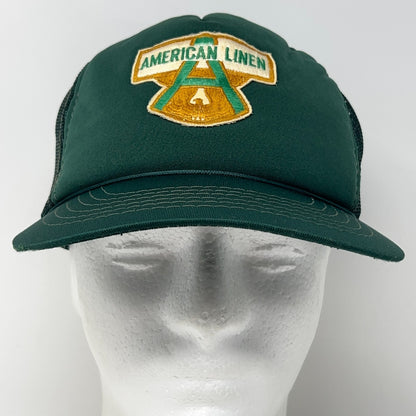 Vintage 80s American Linen Trucker Hat Baseball Cap 5 Panel Mesh Snapback Green