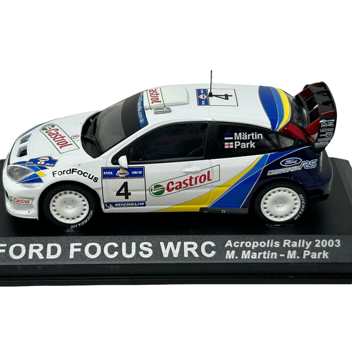 Coche de carreras en miniatura Ford Focus RS WRC Acropolis Rally 2003 en escala 1/43 Altaya White