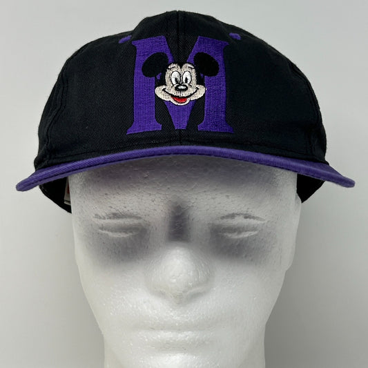 Vintage 90s Mickey Mouse M Cap Baseball Hat Black Walt Disney Snapback 6 Panel