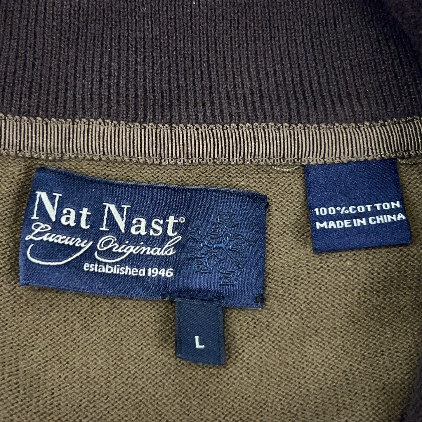 Nat Nast Full Zip Sweater Cotton Long Sleeve Mock Neck Olive Green Mens L Large