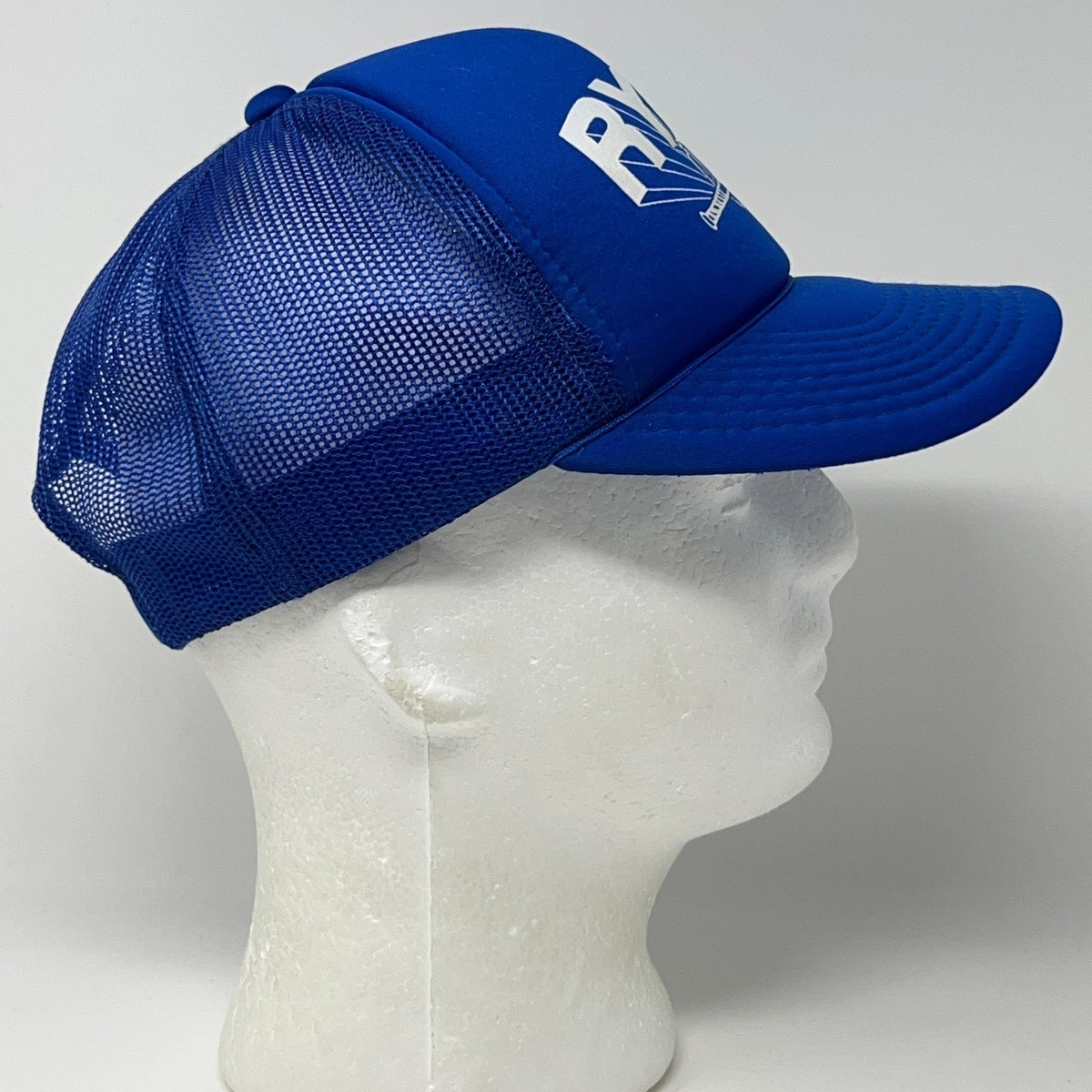 Vintage 80s RYBS Trucker Hat Baseball Cap Foam Front 5 Panel Mesh Snapback Blue