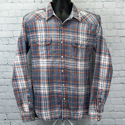 Lucky Brand Pearl Snap Button Front Shirt Plaid True Indigo Blue Mens M Medium
