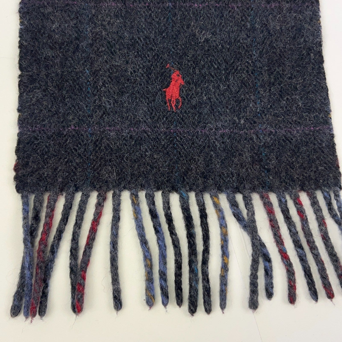 Polo Ralph Lauren Reversible Wool Scarf Gray Blue Red Plaid Pony Italy Made 8x64