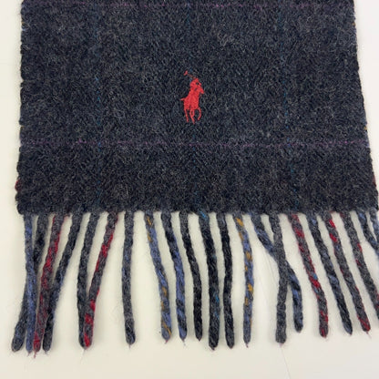 Polo Ralph Lauren Reversible Wool Scarf Gray Blue Red Plaid Pony Italy Made 8x64