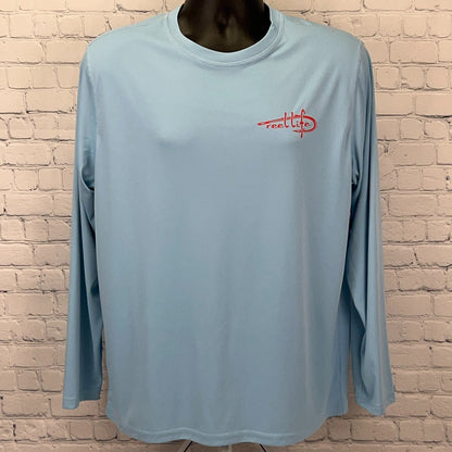 Reel Life American Flag Fish Long Sleeve Fishing Shirt Light Blue Mens L Large