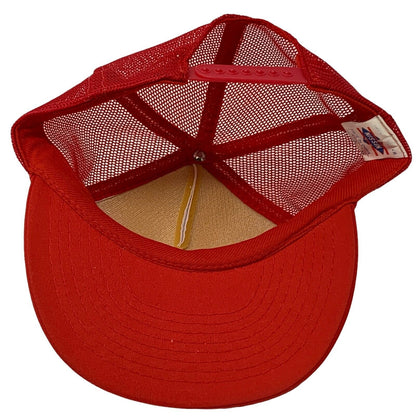 Gorra de béisbol de malla roja de los años 80 con el mensaje "Hola, tienes las respuestas" y el teléfono