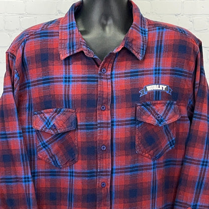 Hurley Flannel Shirt XL X-Large Red Blue Plaid Button Front Cotton Surfer Skater