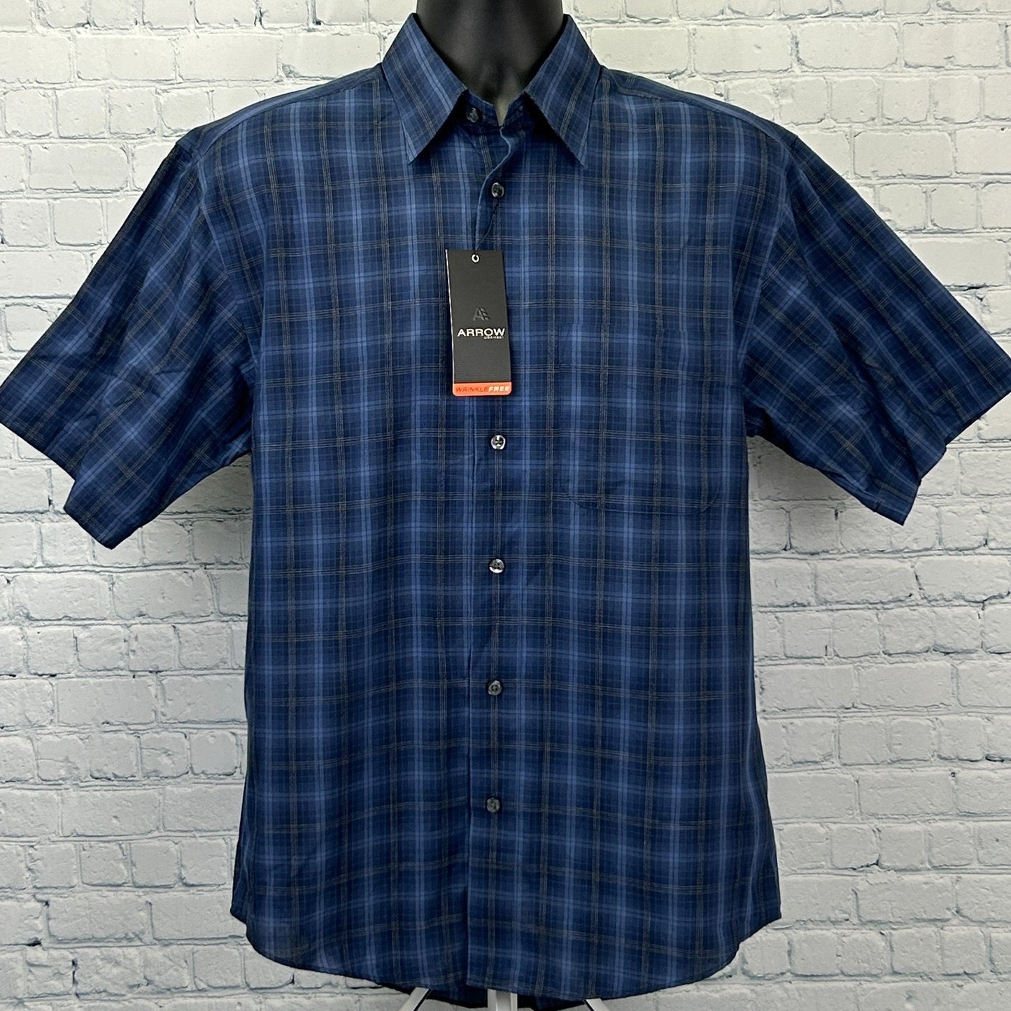 Arrow Wrinkle Free Button Front Shirt Blue Plaid Pocket Short Sleeve S Small - Neon Vintage