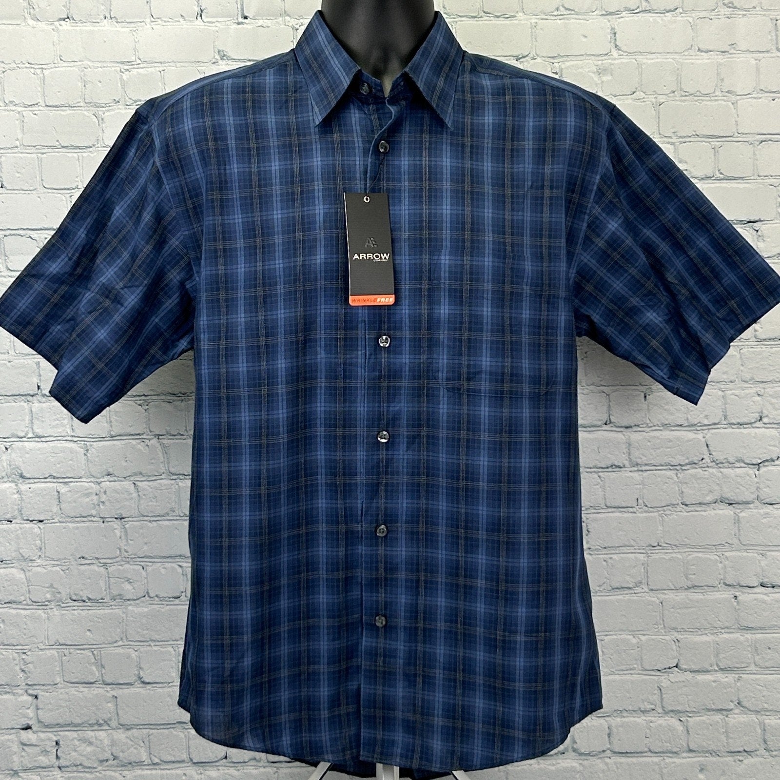 Arrow Wrinkle Free Button Front Shirt Blue Plaid Pocket Short Sleeve S Small - Neon Vintage