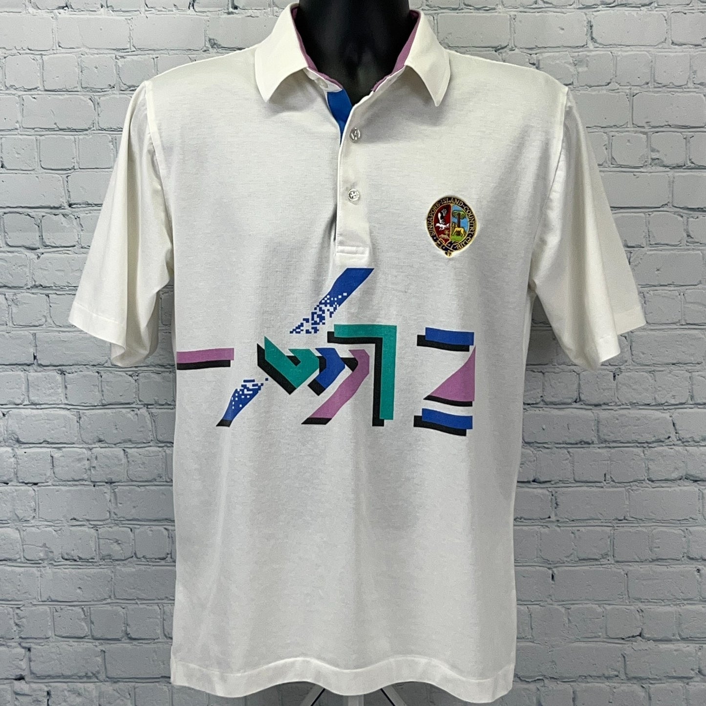 Vintage 80s Singapore Island Country Club Polo Shirt Golfing Golf White M Medium