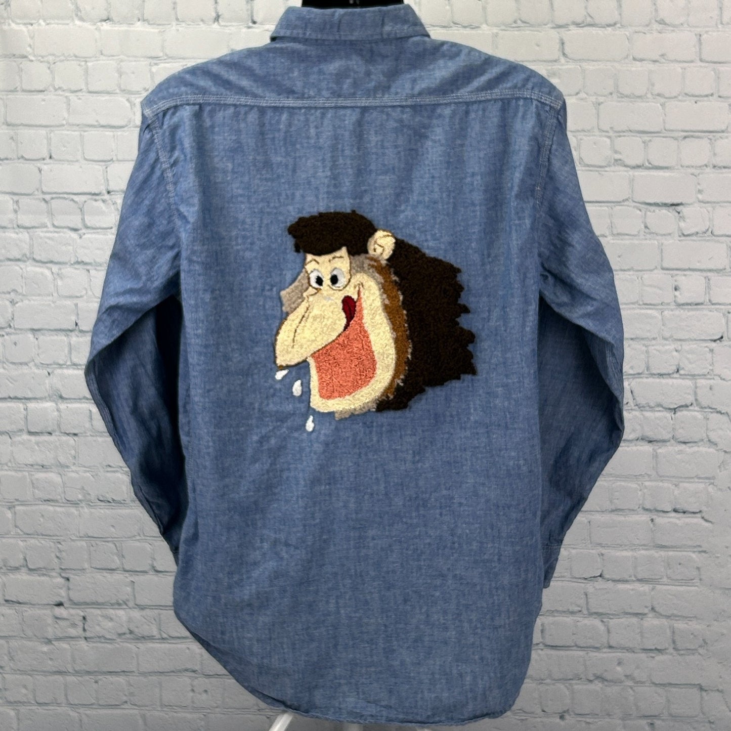 Vintage 70s Orangutan Button Front Shirt Denim Chambray Chenille Blue XL X-Large