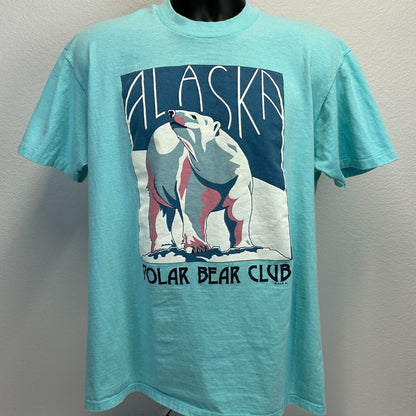 Vintage Alaska Polar Bear Club T Shirt Large 80s Made In USA Tee Mens Blue