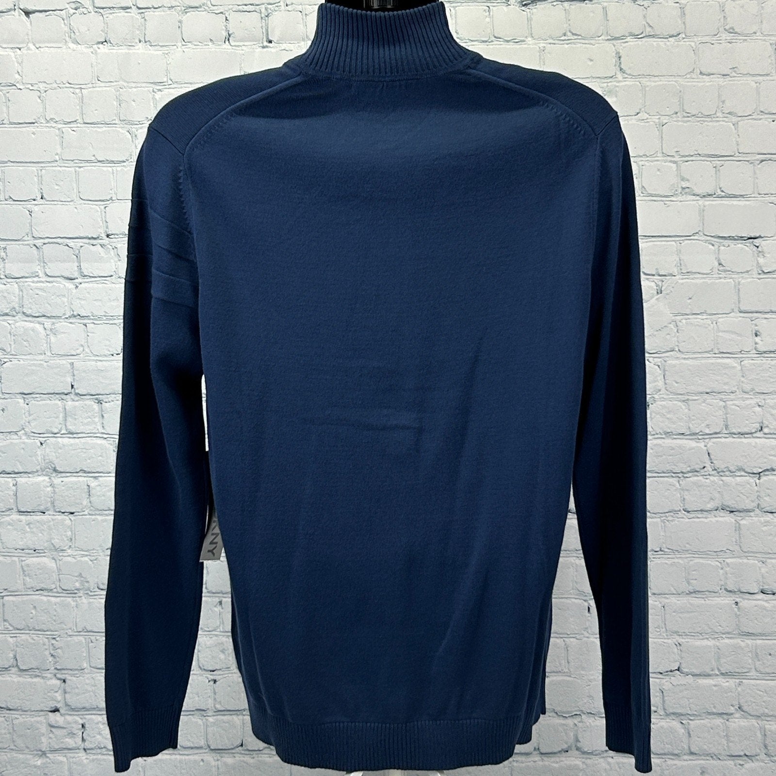 DKNY Full Zip Mock Neck Sweater Long Sleeve Cotton Navy Blue Mens L Large - Neon Vintage