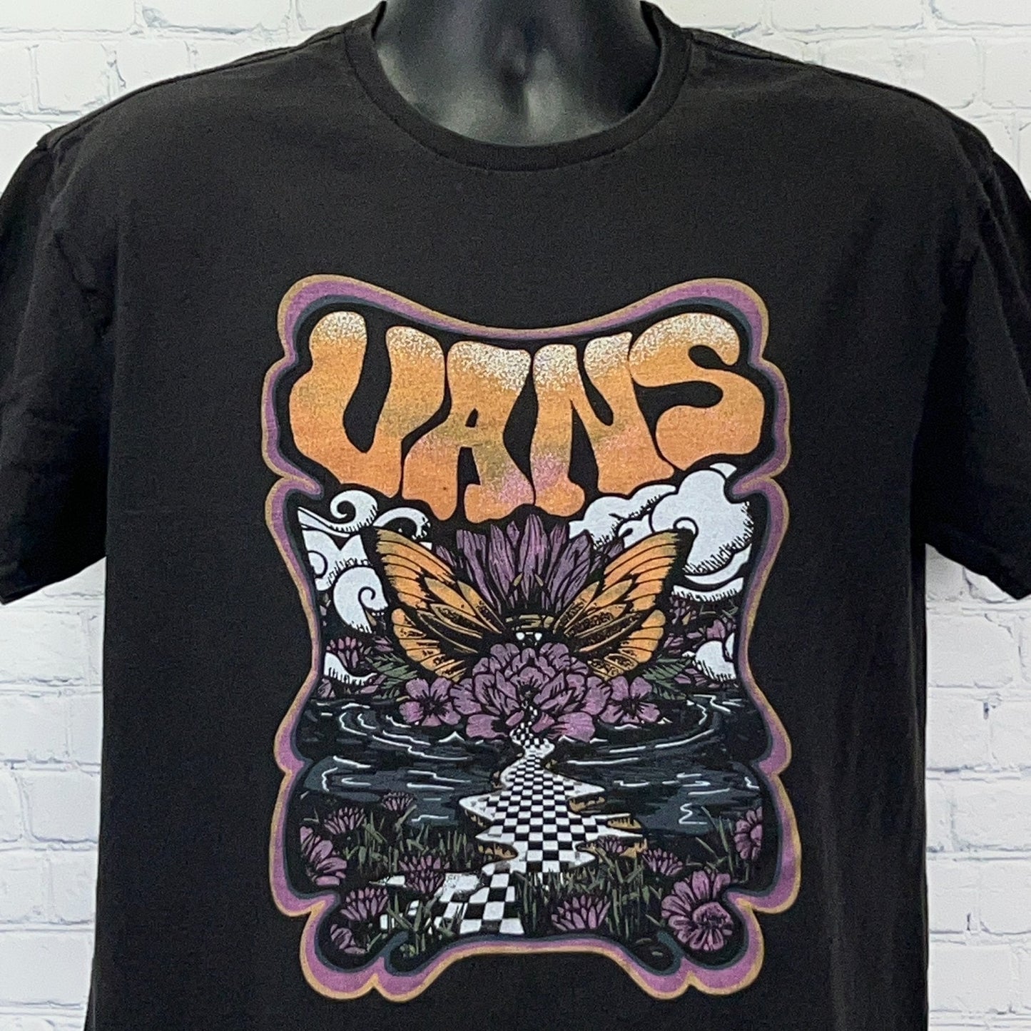Vans Butterfly Flowers T Shirt M Medium Black Psychedelic Retro Skater Skating