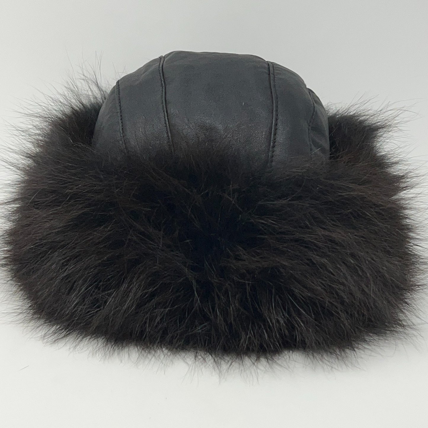 Leather and Fur Mongolian Cossack Roller Hat 59cm Black Brown Quilted Vintage