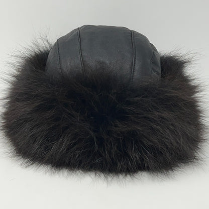Leather and Fur Mongolian Cossack Roller Hat 59cm Black Brown Quilted Vintage