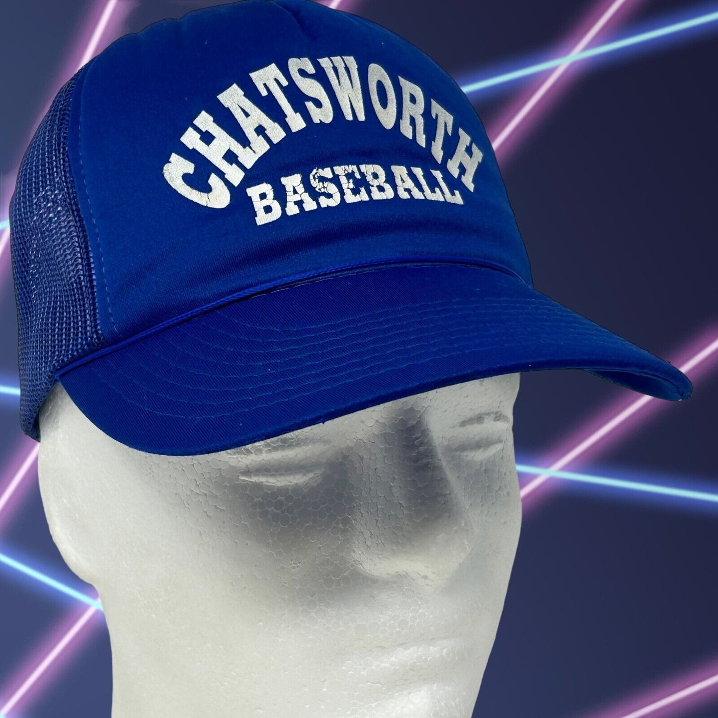 Vintage Chatsworth Baseball Trucker Hat Cap 80s California Snapback Blue Mesh