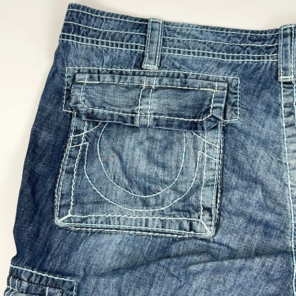 True Religion Isaac Denim Basic Cargo Jean Shorts Frayed Cut Off Blue Mens 42