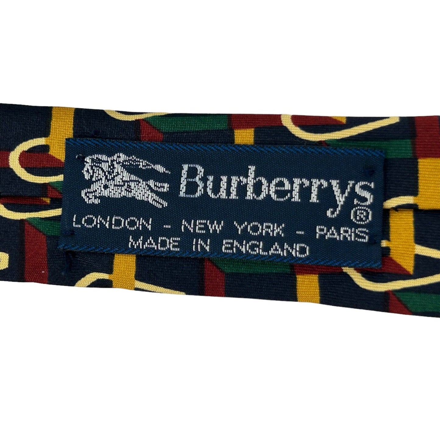 Burberry Mens Tie Necktie Blue Gold Red Green Geometric Silk Made In England