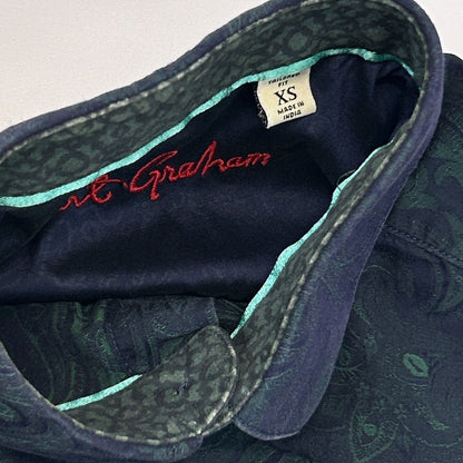 Robert Graham Button Front Shirt XS X-Small Blue Flip Cuffs Floral Paisley