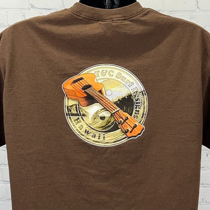 Vintage Y2K T&C Surf Designs Hawaii T Shirt XL Brown Ukulele Town & Country Tee