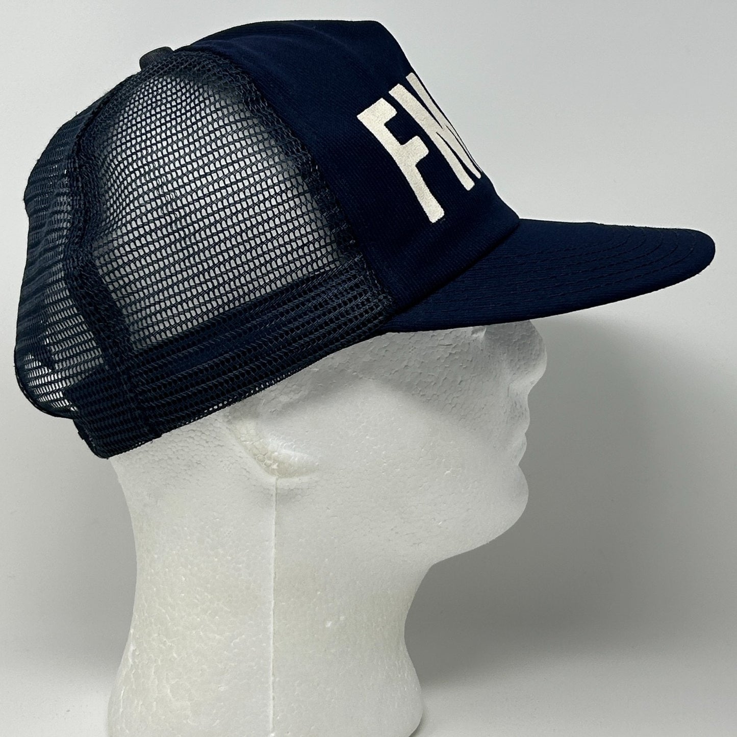 Vintage 90s FMMS Trucker Hat Baseball Cap Made In USA Mesh Snapback Navy Blue