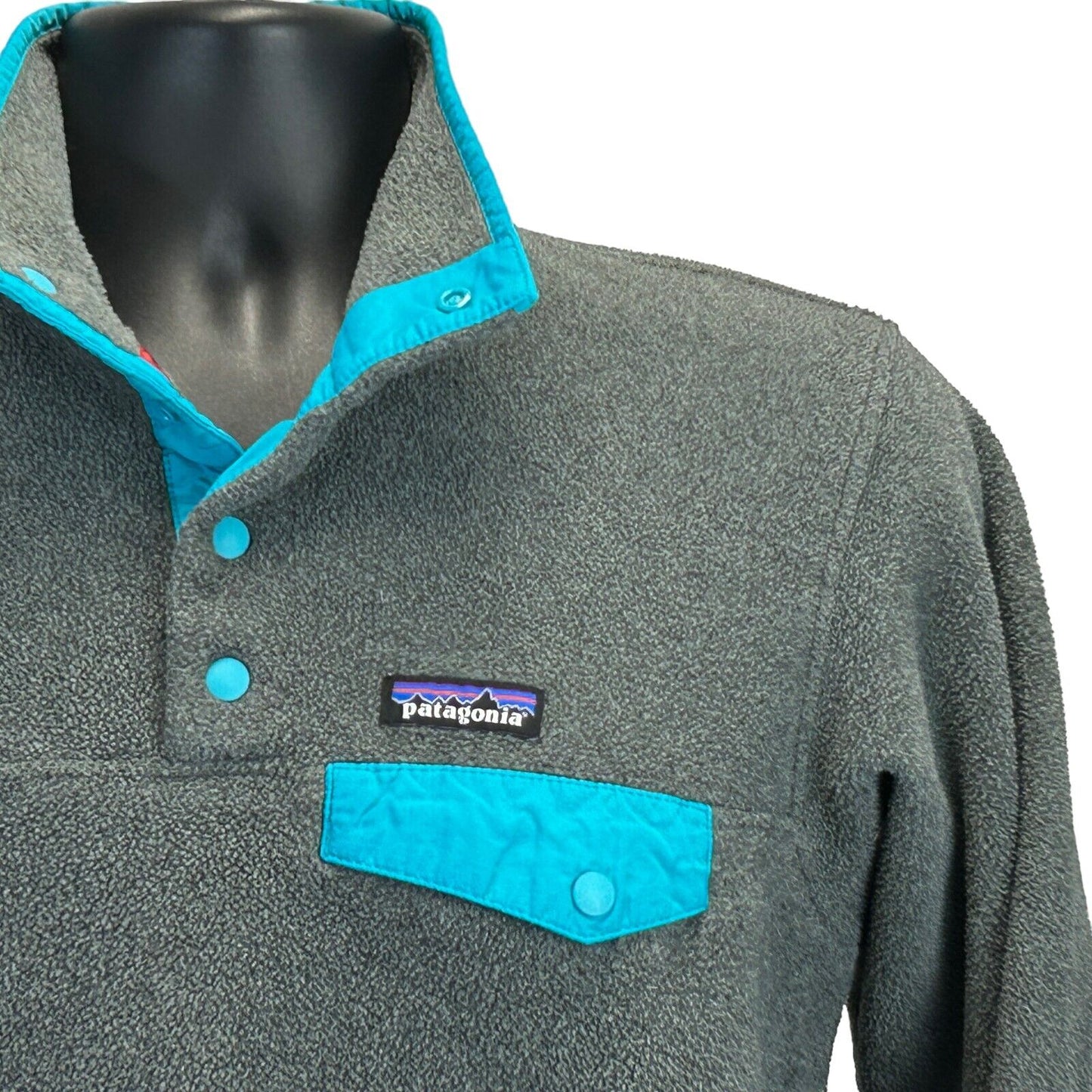 Patagonia Synchilla Henley Fleece Jacket Sweater Gray Teal Snaps Pocket Small