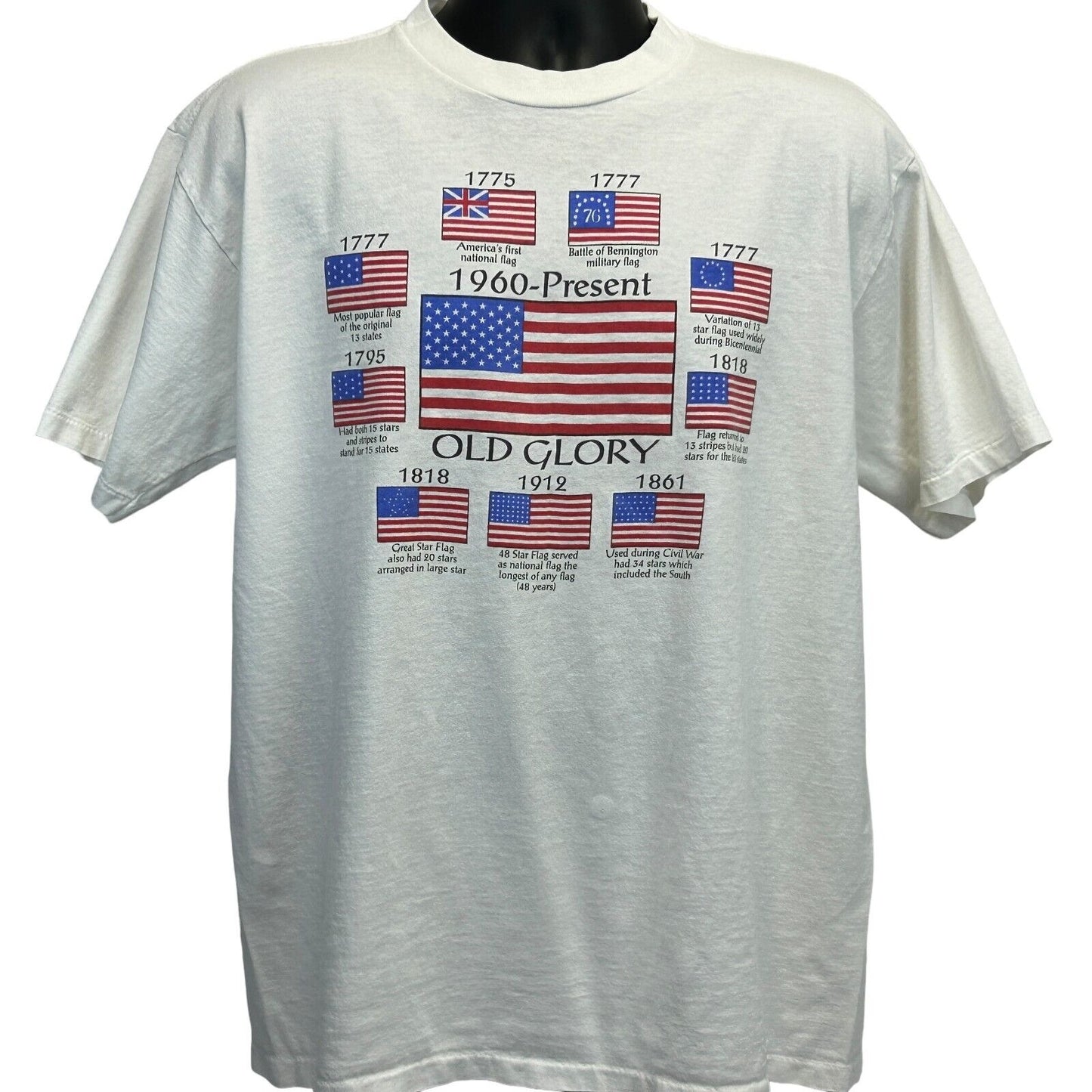 Camiseta vintage Old Glory con banderas estadounidenses, talla XL, talla XL, años 90, patriótica, para hombre, color blanco