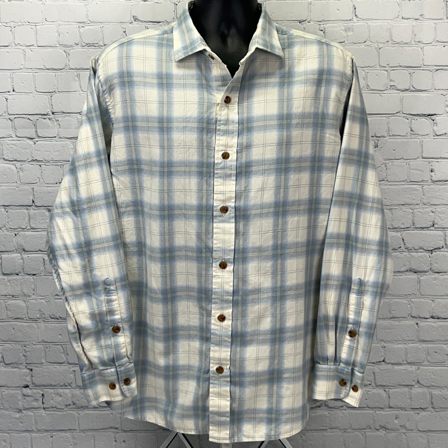 Orvis Classic Fit Shirt Mens L Large Blue Plaid Cotton Tencel Long Sleeve Casual