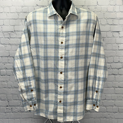 Orvis Classic Fit Shirt Mens L Large Blue Plaid Cotton Tencel Long Sleeve Casual