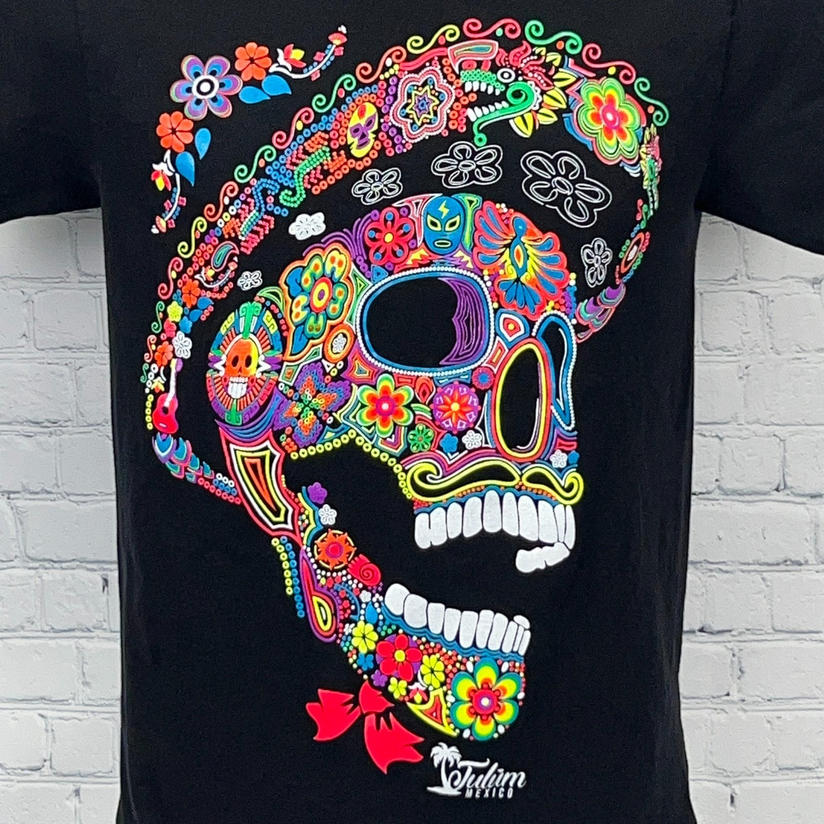 Tulum Mexico Neon Sugar Skull Day of the Dead Calavera Black Tee XS X-Small