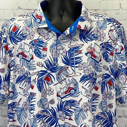 Good Good Men's Golf Polo Shirt in White with Blue Tropical Golf Cart Print, Front View