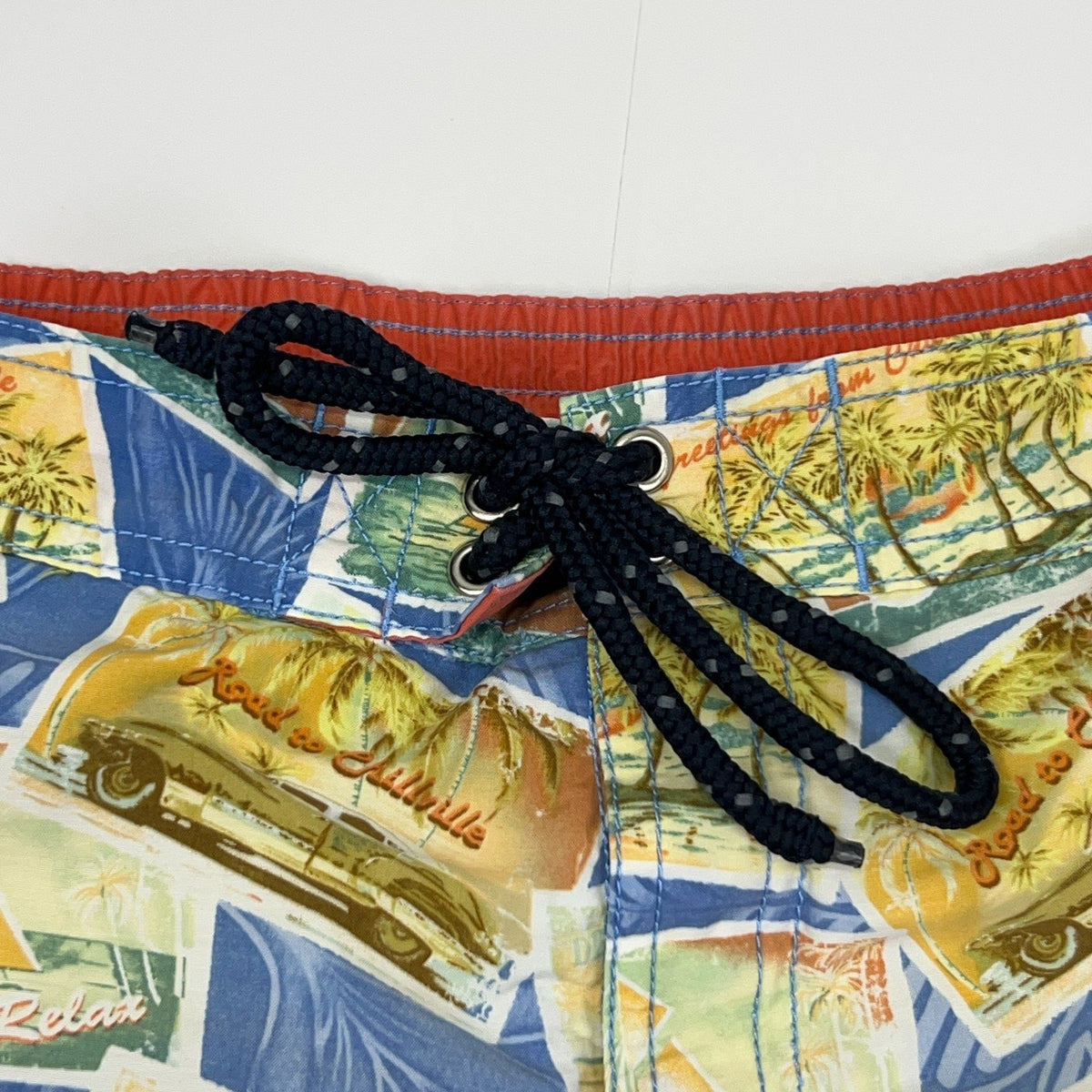 Tommy Bahama Relax Swim Trunks M Medium Blue Postcard Print Board Shorts Lined - Neon Vintage