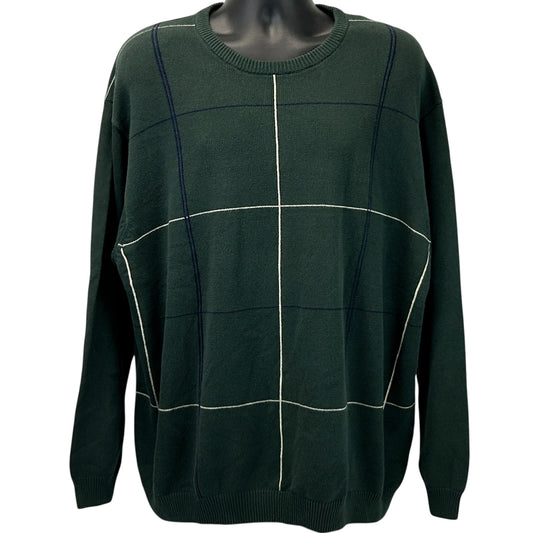 IZOD Sweater Mens 3XL XXXL Windowpane Check Long Sleeve Cotton Pullover Green