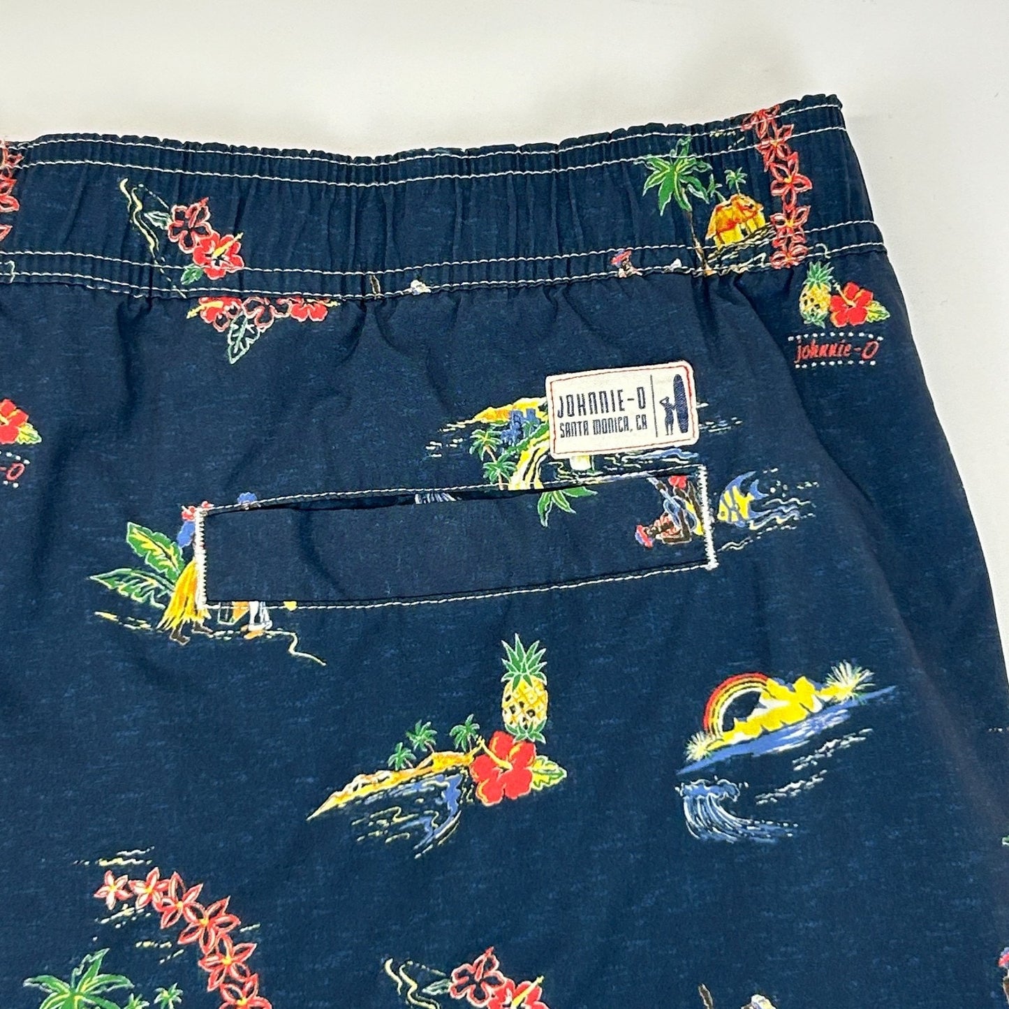 Johnnie O Waikiki Swim Shorts Trunks Hawaiian Hula Surfer Surfing Blue 2XL XXL