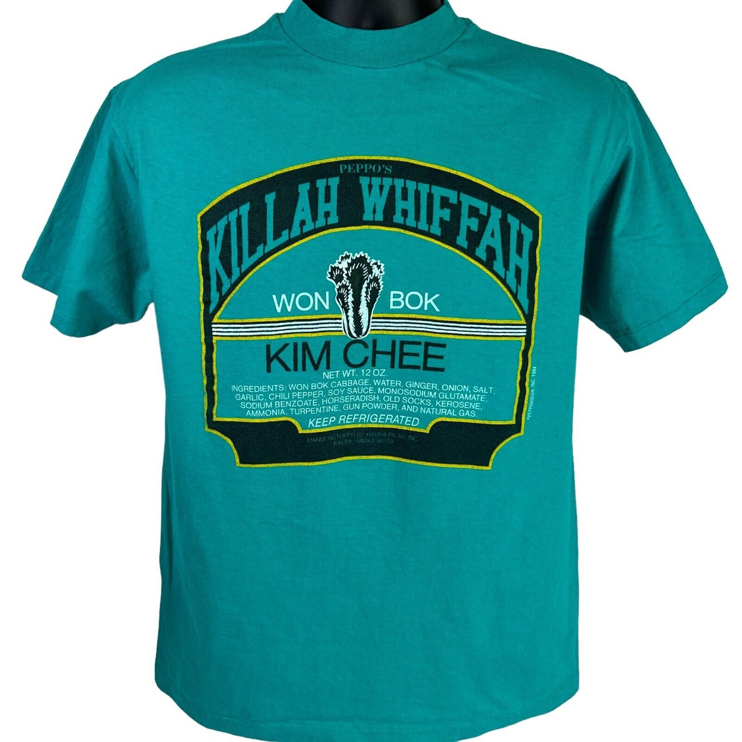 Killah Whiffah Won Bok Kim Chee Vintage 80s T Shirt Medium Hawaiian Mens Green