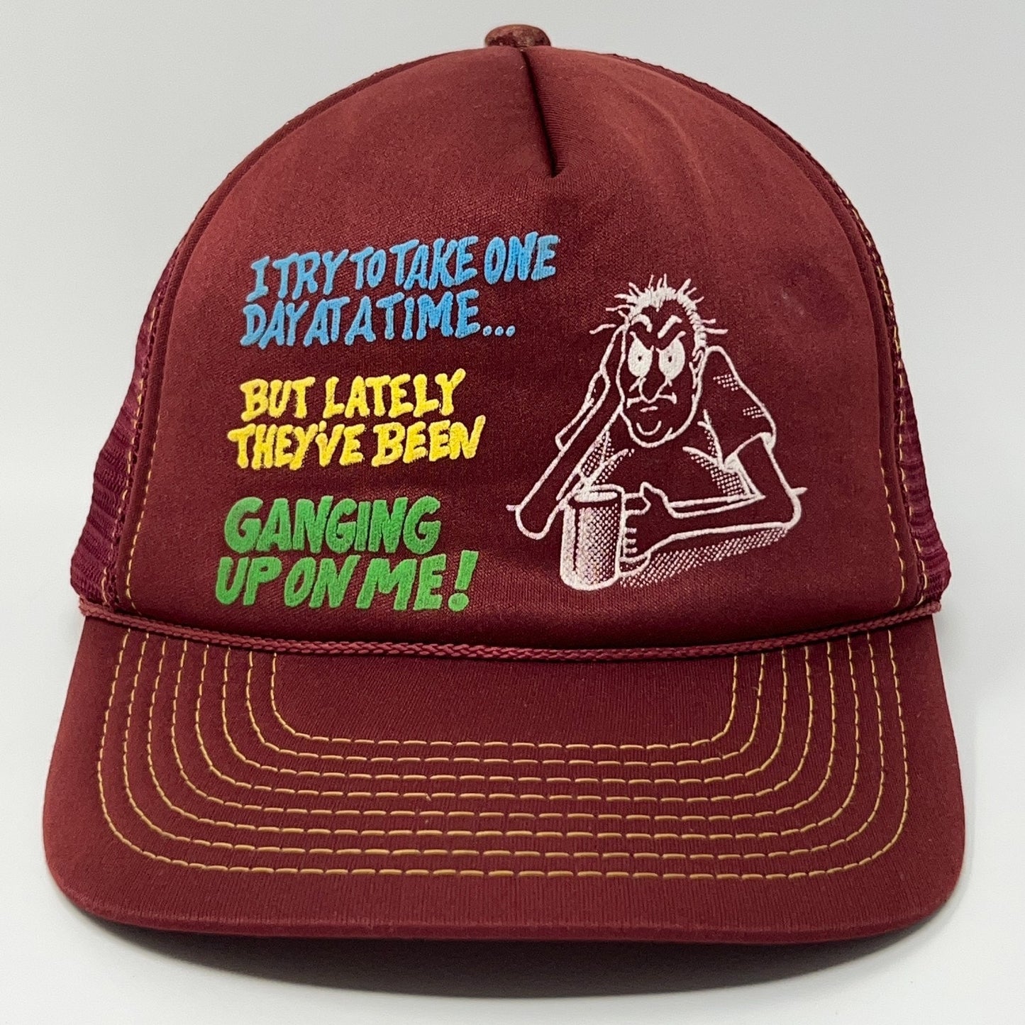 Vintage 80s Take One Day At A TIme Trucker Hat Baseball Cap Funny Snapback Red