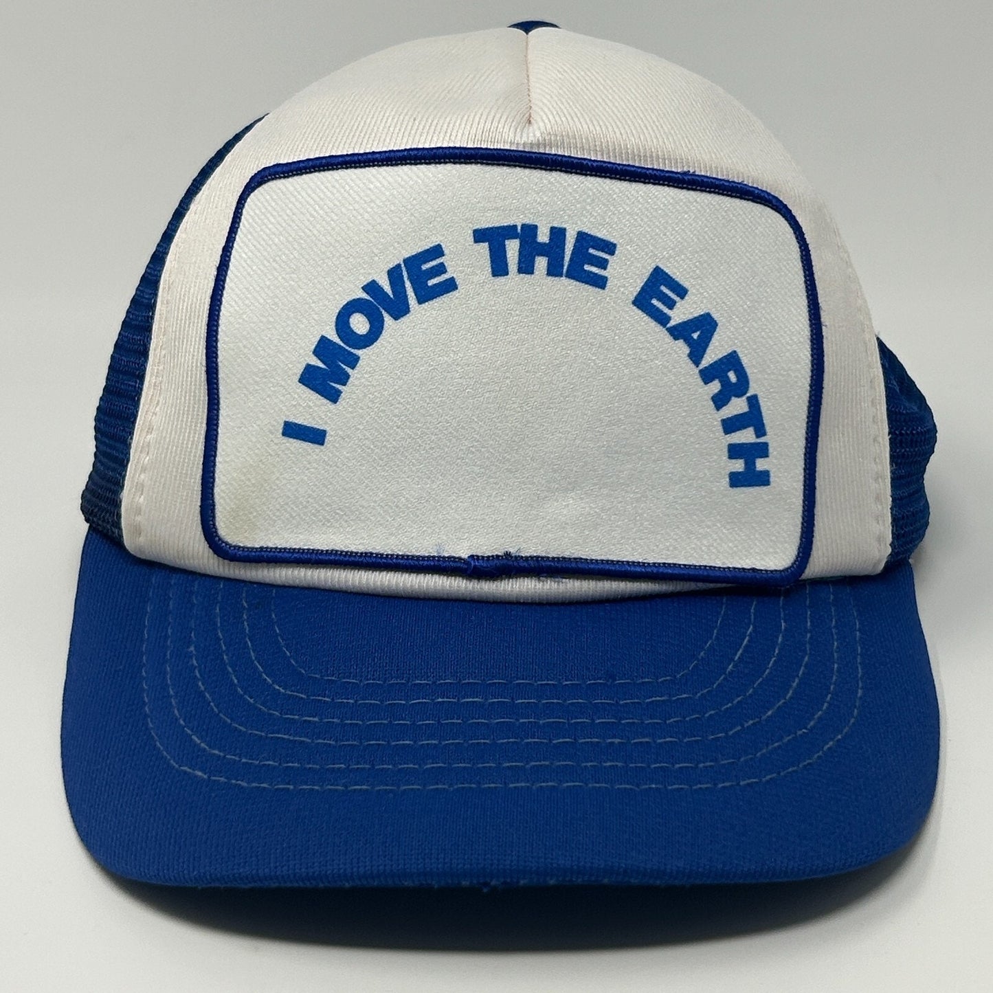 Vintage 80s I Move The Earth Patch Trucker Hat Cap Blue Mesh Snapback 5 Panel