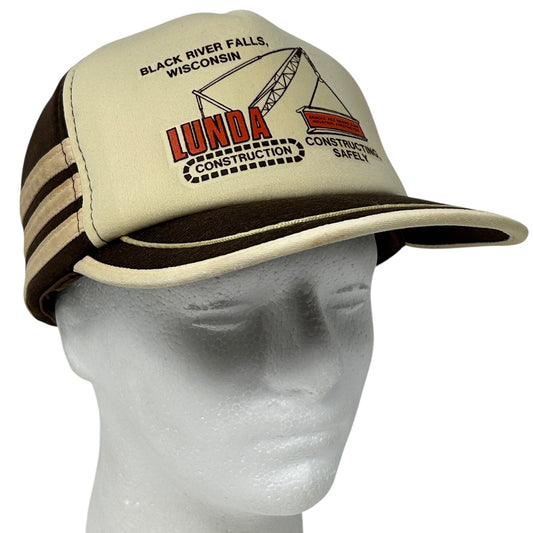 Vintage 80s Lunda Construction 3 Stripe Hat Cap Brown Wisconsin Snapback 5 Panel