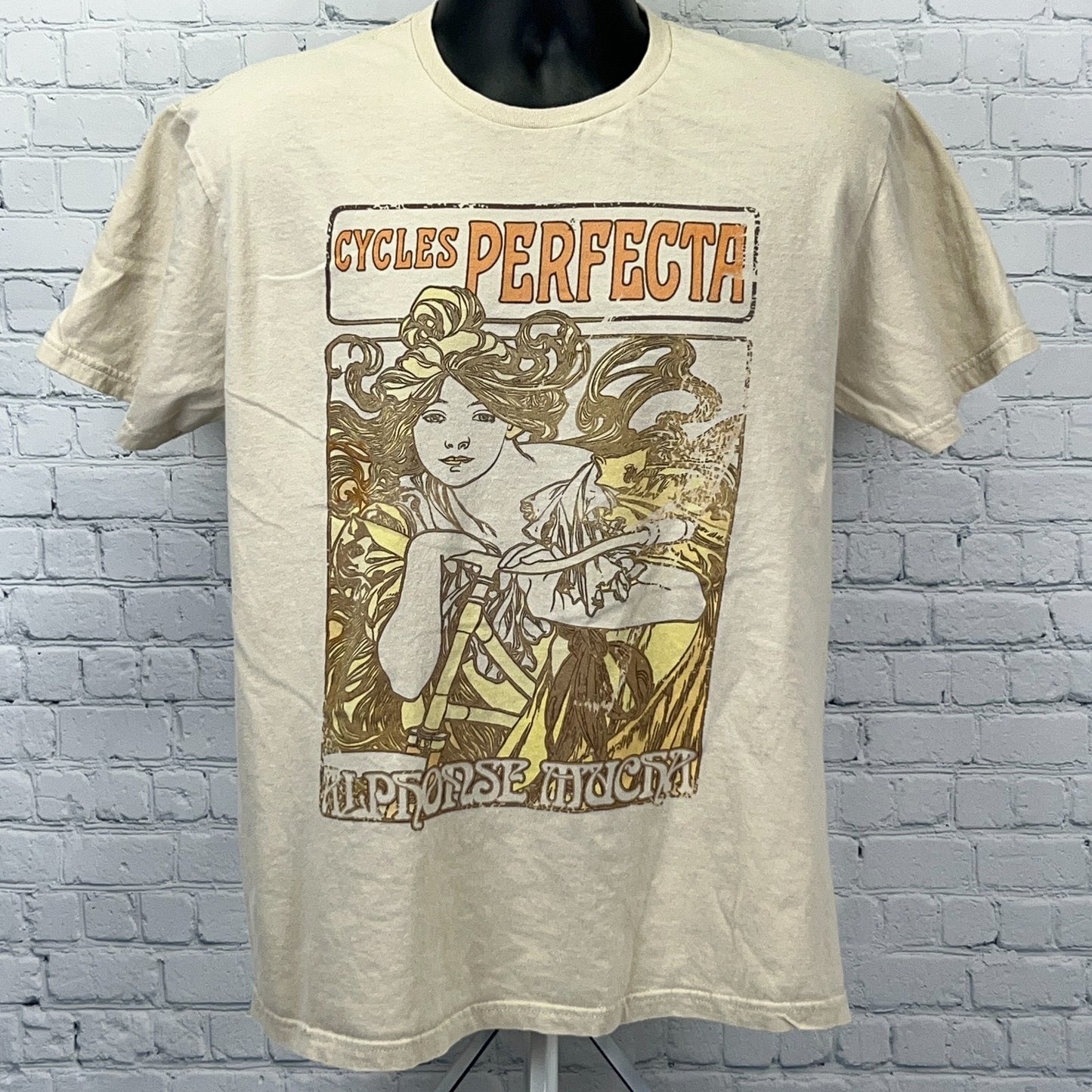 Cycles Perfecta Alphonse Mucha T Shirt L Large Beige Art Nouveau Bicycle Poster