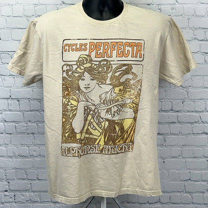 Cycles Perfecta Alphonse Mucha T Shirt L Large Beige Art Nouveau Bicycle Poster