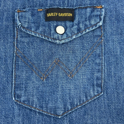 Vintage Wrangler Harley Davidson Denim Western Shirt M Medium USA Pearl Snap