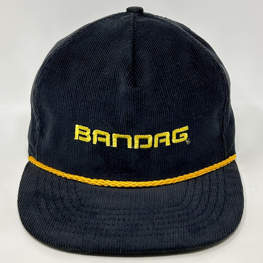 Vintage 80s Bandag Tires Hat Baseball Cap Rope Corded Corduroy Snapback Black