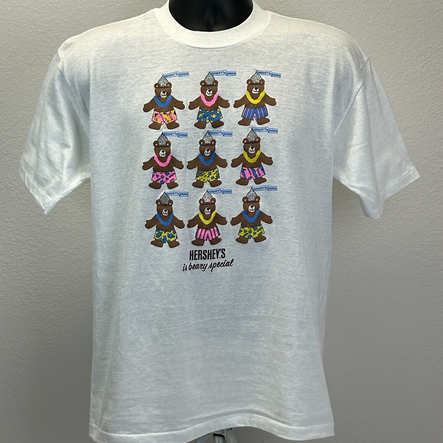 Vintage Hersheys Kisses T Shirt Mens Large Snack Candy Bears Hawaiian 80s White