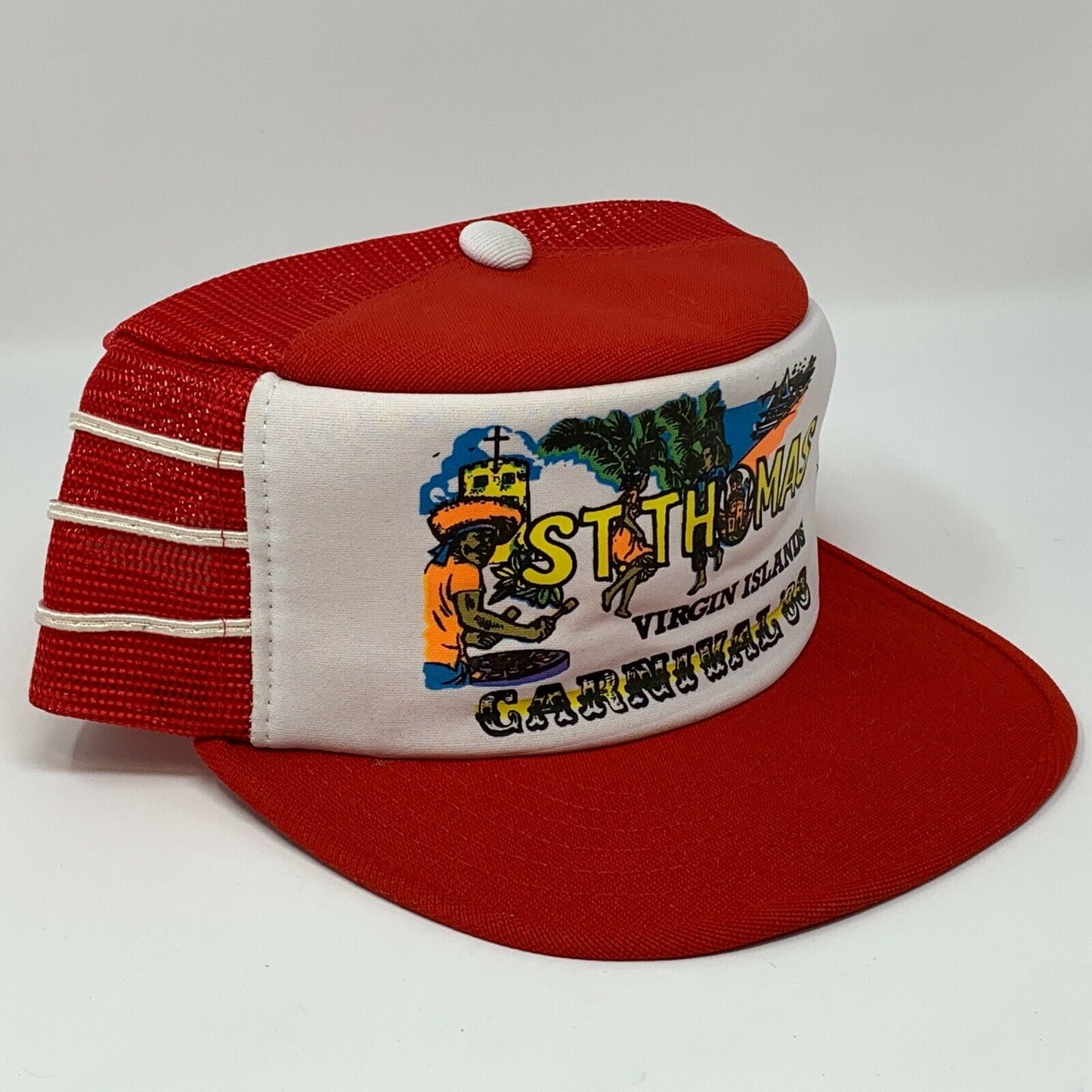 St Thomas Virgin Islands 3 Stripes Snapback Trucker Hat Vintage 80s Mesh Cap